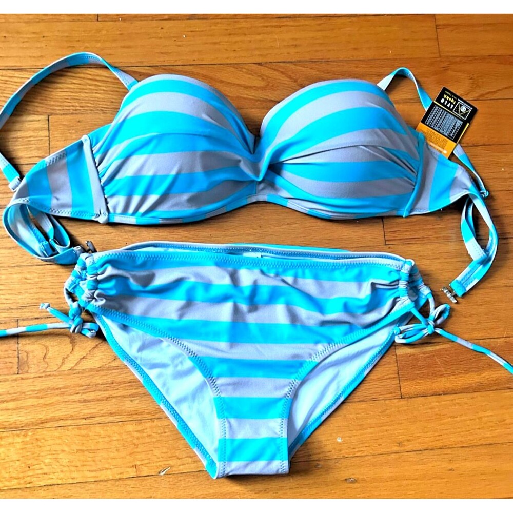 Womens XL D Blue Gray Swimsuit Bikini Set Underwire Molded Cup Convertible 2Pc